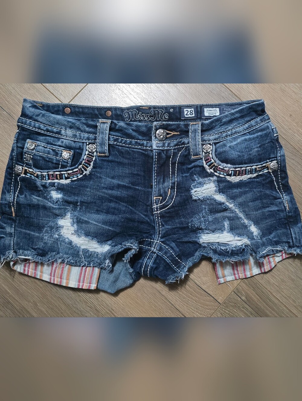 Miss Me Distressed Dark Blue Denim Women’s Shorts - Size 28